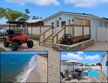 Coastal charm Pool & Beach 4BR/2BA beach retreat. Sleeps 10 with an open floor plan, stocked kitchen, and spacious front deck for outdoor dining. Enjoy smart TVs, plush beds, and a brand-new heated in-ground pool. Includes golf cart, kayaks, and paddleboards for exploring beaches and parks. Dog-friendly and wheelchair accessible—perfect for families seeking relaxation, fun, and adventure.